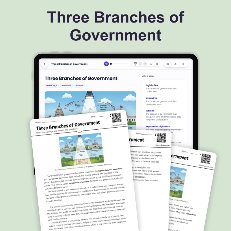 The Three Branches of Government — reading — reading comprehension for Grade 3, Grade 4, Grade 5, page 1 of 4