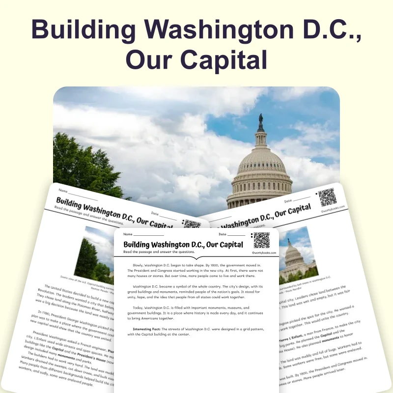 Building Washington D.C., Our Capital — reading — reading comprehension for Grade 3, Grade 4, Grade 5, page 1 of 4