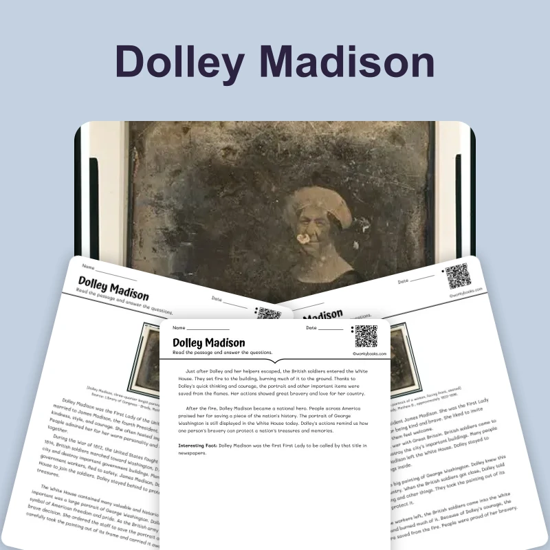 Dolley Madison Saves Washington's Portrait — reading — reading comprehension for Grade 3, Grade 4, Grade 5, page 1 of 4