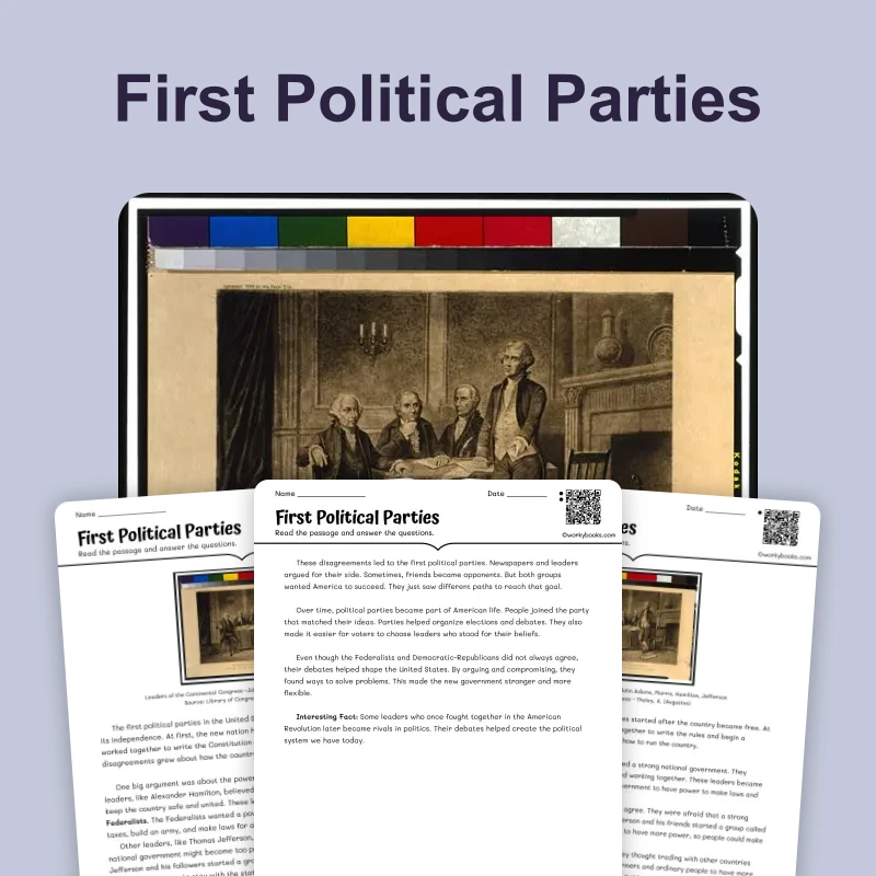 The First Political Parties Form — reading — reading comprehension for Grade 3, Grade 4, Grade 5, page 1 of 4