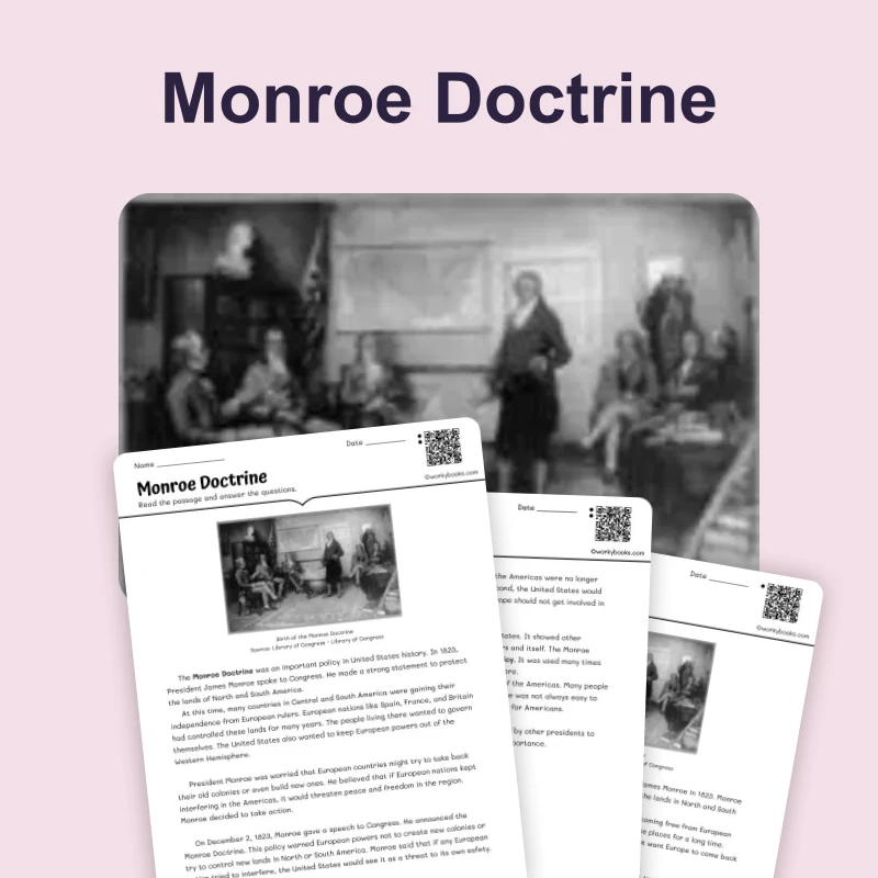 James Monroe and the Monroe Doctrine — reading — reading comprehension for Grade 3, Grade 4, Grade 5, page 1 of 4