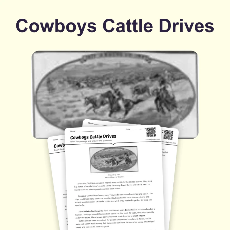 Cowboys and Cattle Drives — reading — reading comprehension for Grade 3, Grade 4, Grade 5, page 1 of 4