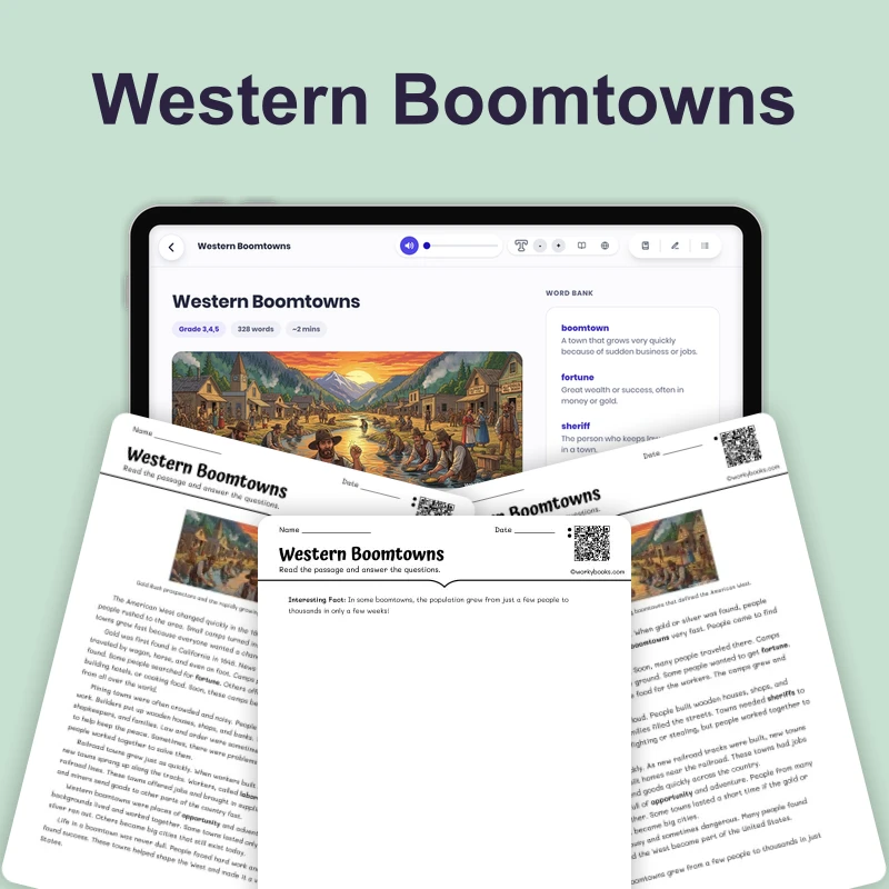 Boomtowns Spring Up Out West — reading — reading comprehension for Grade 3, Grade 4, Grade 5, page 1 of 4