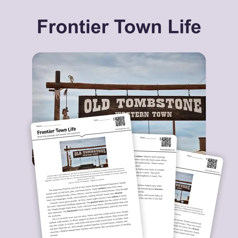 Life in a Frontier Town — reading — reading comprehension for Grade 3, Grade 4, Grade 5, page 1 of 4