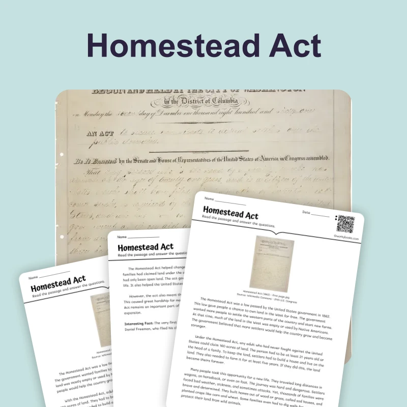 Homestead Act: Free Land for Settlers — reading — reading comprehension for Grade 3, Grade 4, Grade 5, page 1 of 4