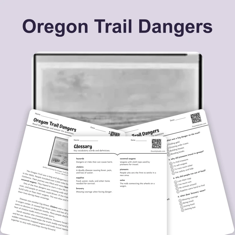 Dangers on the Oregon Trail — reading — reading comprehension for Grade 3, Grade 4, Grade 5, page 1 of 4