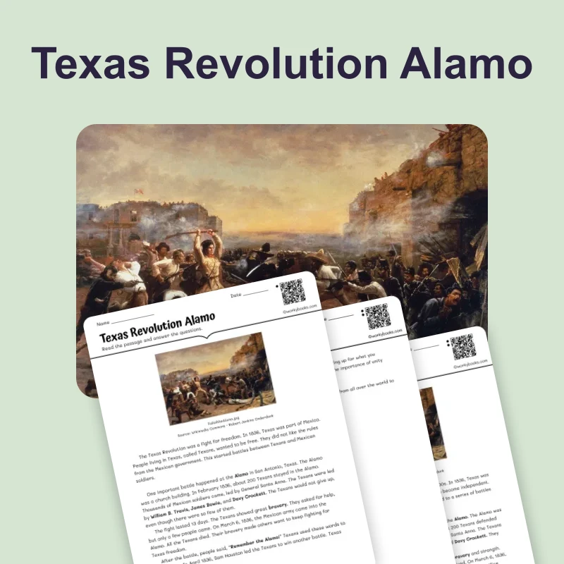 The Texas Revolution and the Alamo — reading — reading comprehension for Grade 3, Grade 4, Grade 5, page 1 of 4