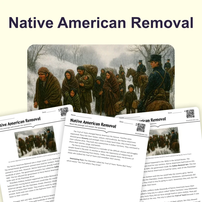 Native Americans Lose Their Lands: The Trail of Tears — reading — reading comprehension for Grade 3, Grade 4, Grade 5, page 1 of 4