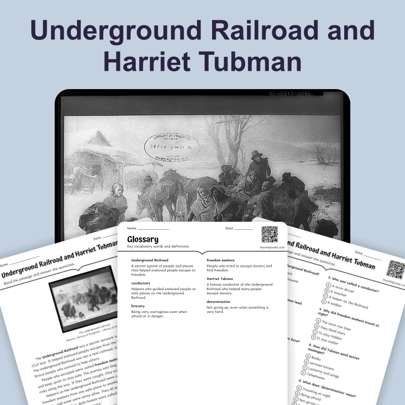 The Underground Railroad and Harriet Tubman — reading — reading comprehension for Grade 3, Grade 4, Grade 5, page 1 of 4
