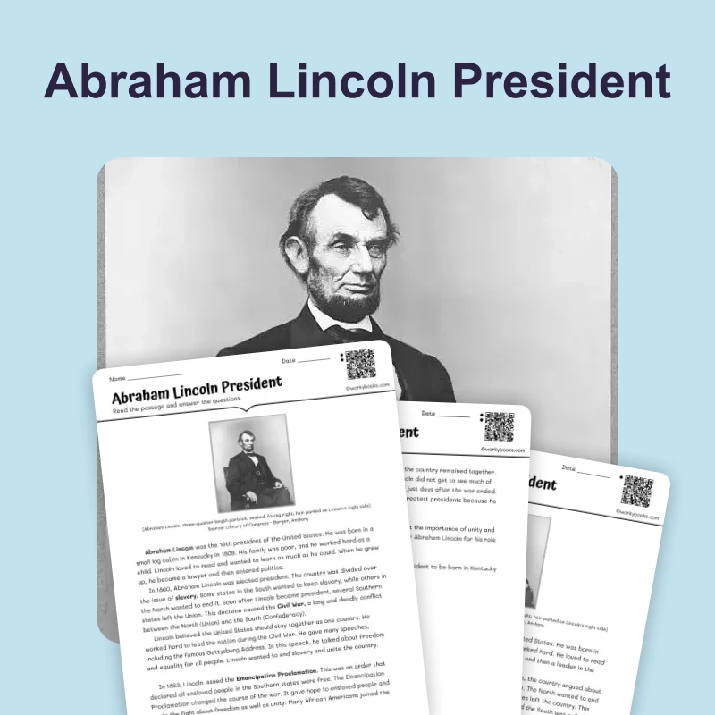 Abraham Lincoln Becomes President — reading — reading comprehension for Grade 3, Grade 4, Grade 5, page 1 of 4