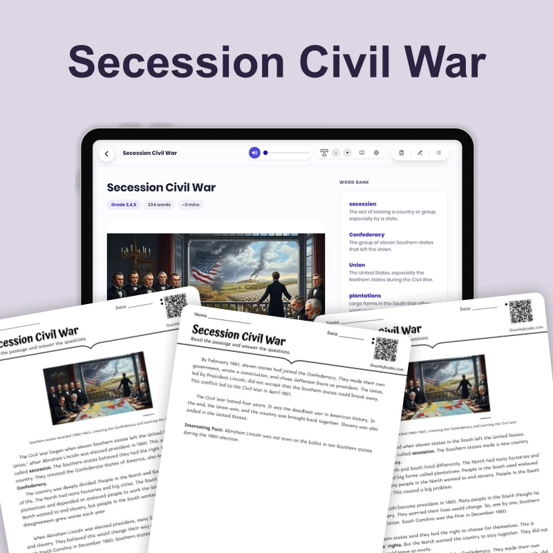 The Southern States Leave the Union — reading — reading comprehension for Grade 3, Grade 4, Grade 5, page 1 of 4