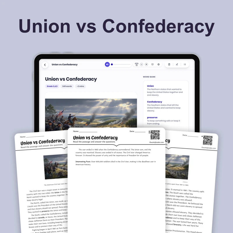 Blue and Gray: Union vs. Confederate — reading — reading comprehension for Grade 3, Grade 4, Grade 5, page 1 of 4