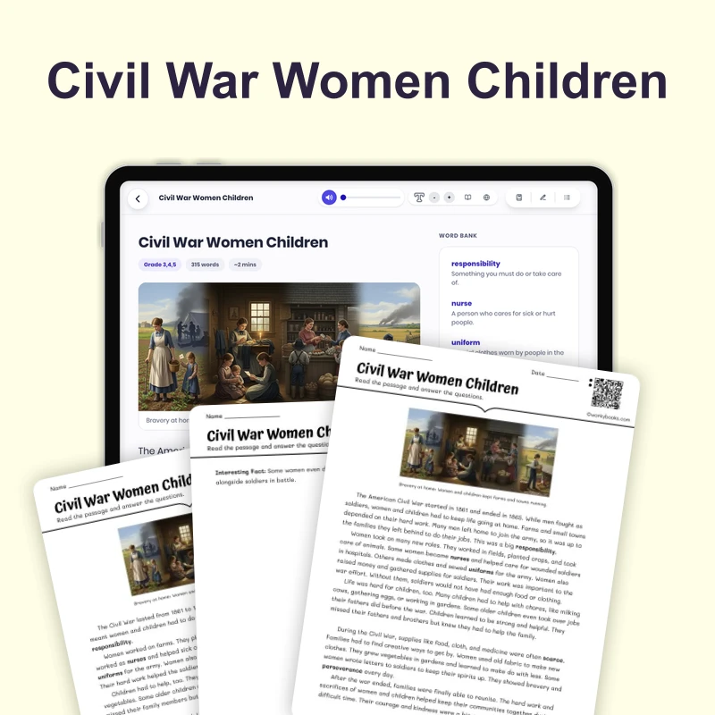 Children and Women During the Civil War — reading — reading comprehension for Grade 3, Grade 4, Grade 5, page 1 of 4