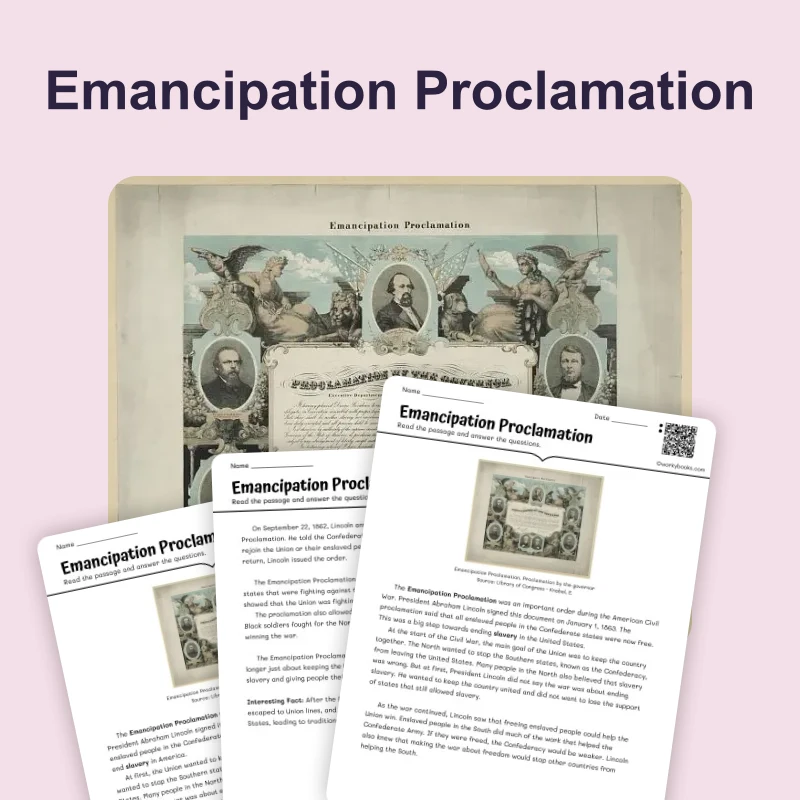 The Emancipation Proclamation — reading — reading comprehension for Grade 3, Grade 4, Grade 5, page 1 of 4