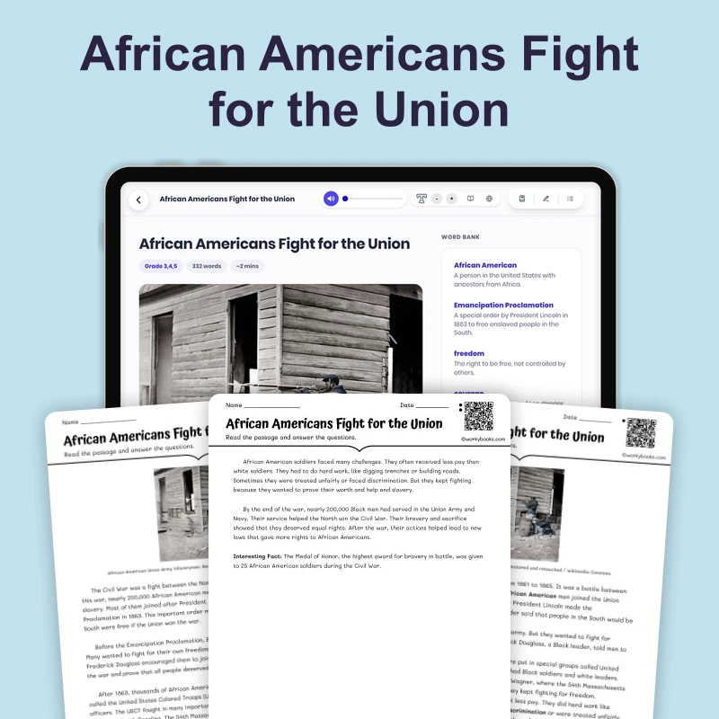 African Americans Fight for the Union — ela — reading comprehension for Grade 3, Grade 4, Grade 5, page 1 of 4