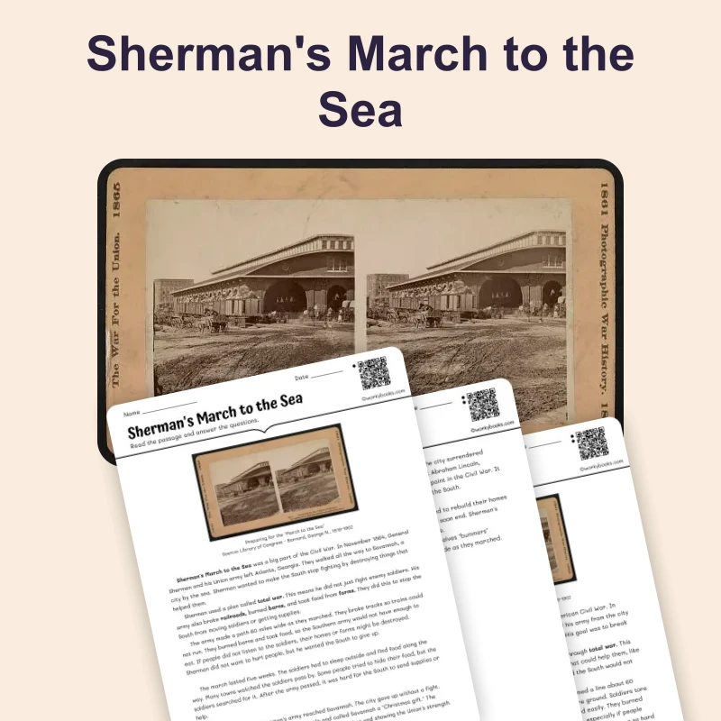Sherman's March to the Sea — reading — reading comprehension for Grade 3, Grade 4, Grade 5, page 1 of 4