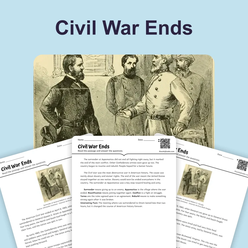 The Civil War Finally Ends — reading — reading comprehension for Grade 3, Grade 4, Grade 5, page 1 of 4