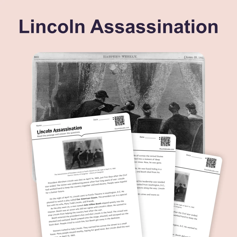 Lincoln Assassinated at Ford's Theatre — reading — reading comprehension for Grade 3, Grade 4, Grade 5, page 1 of 4