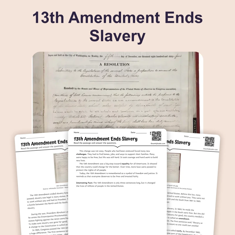The 13th Amendment Ends Slavery — reading — reading comprehension for Grade 3, Grade 4, Grade 5, page 1 of 4