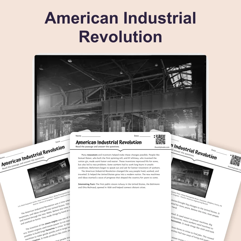 The Industrial Revolution in America — reading — reading comprehension for Grade 3, Grade 4, Grade 5, page 1 of 4