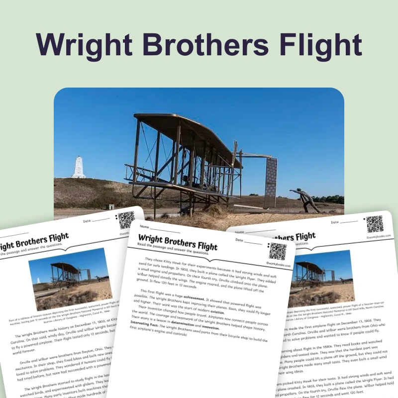 Wright Brothers Flight — ela — reading comprehension for Grade 3, Grade 4, Grade 5, page 1 of 4