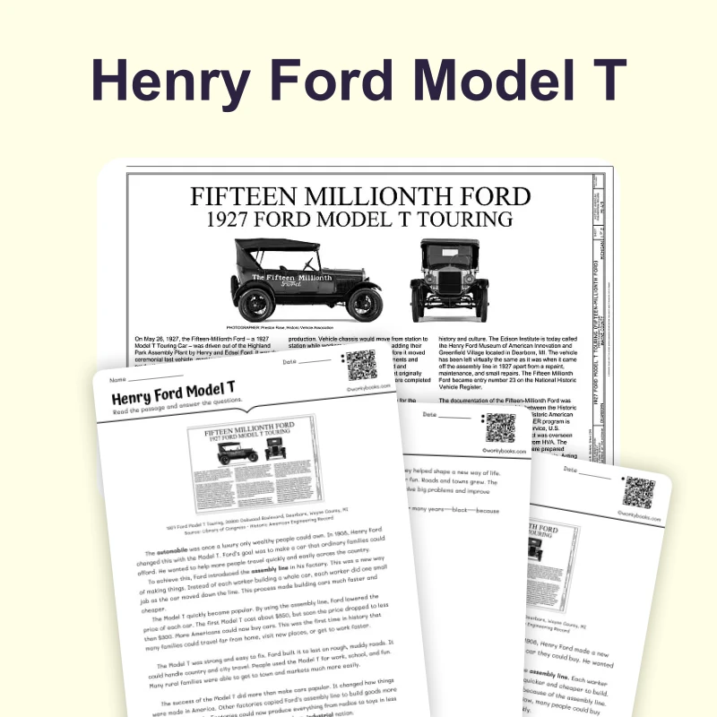 Henry Ford and the Model T — reading — reading comprehension for Grade 3, Grade 4, Grade 5, page 1 of 4