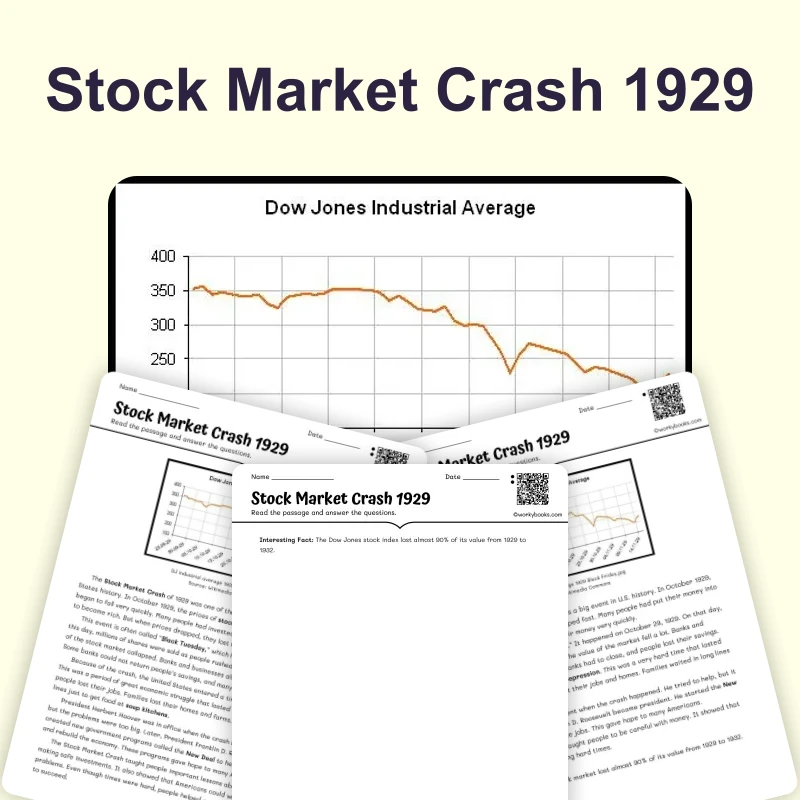 The Stock Market Crashes in 1929 — reading — reading comprehension for Grade 3, Grade 4, Grade 5, page 1 of 4