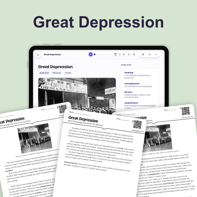 The Great Depression: Hard Times — reading — reading comprehension for Grade 3, Grade 4, Grade 5, page 1 of 4