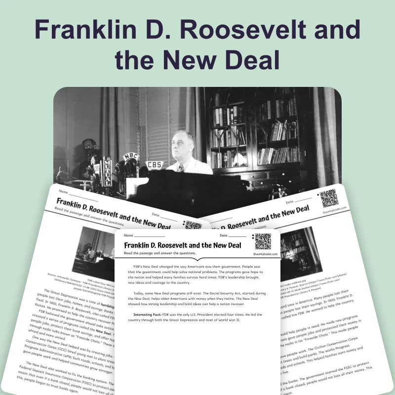 Franklin D. Roosevelt and the New Deal — reading — reading comprehension for Grade 3, Grade 4, Grade 5, page 1 of 4