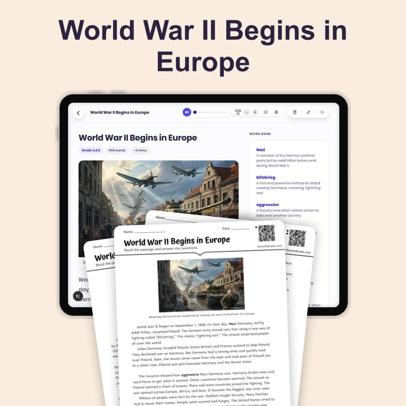 World War II Begins in Europe — reading — reading comprehension for Grade 3, Grade 4, Grade 5, page 1 of 4
