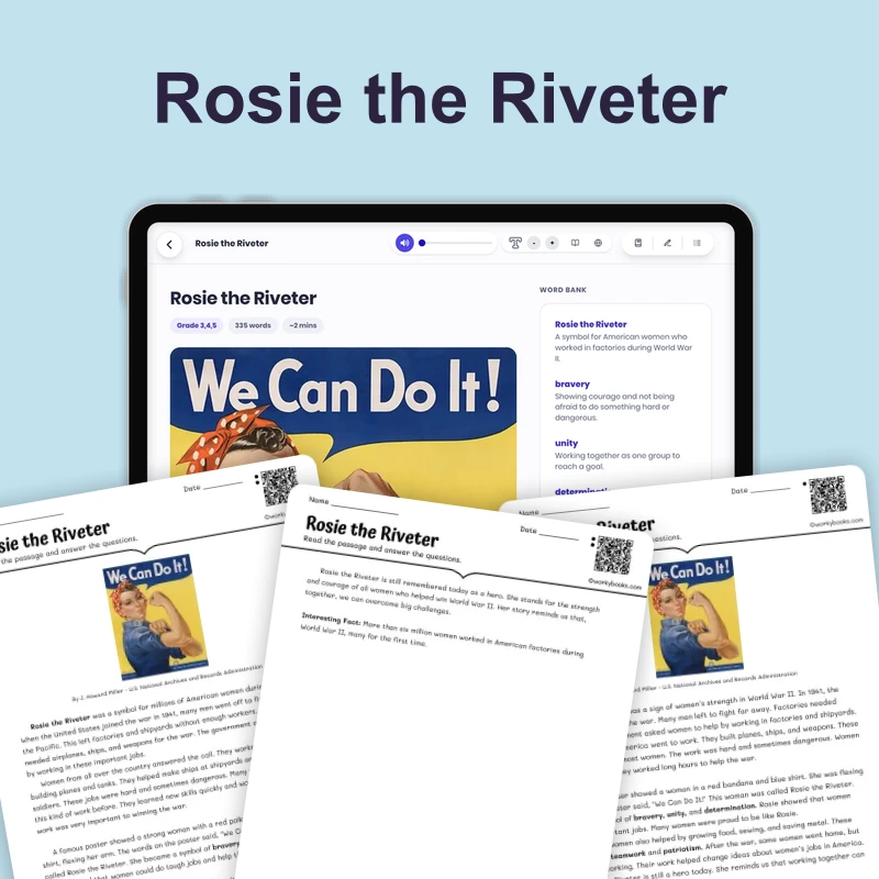 Women Work in Factories: Rosie the Riveter — reading — reading comprehension for Grade 3, Grade 4, Grade 5, page 1 of 4