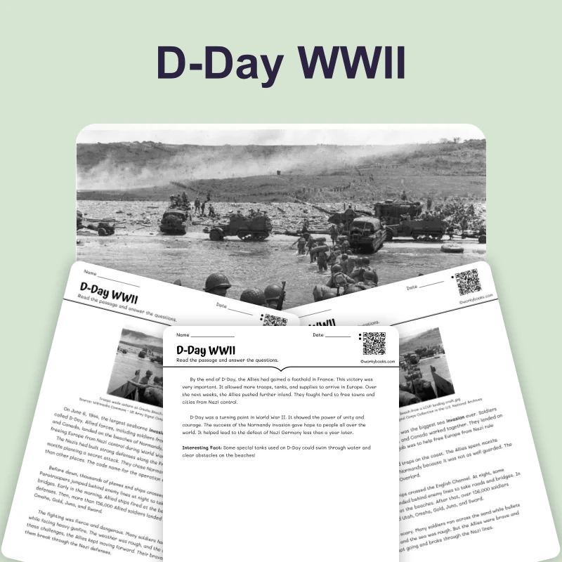 D-Day and the End of World War II — reading — reading comprehension for Grade 3, Grade 4, Grade 5, page 1 of 4