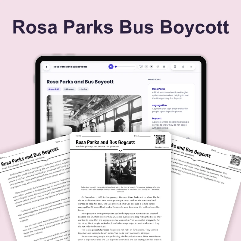 Rosa Parks and Bus Boycott — ela — reading comprehension for Grade 3, Grade 4, Grade 5, page 1 of 4