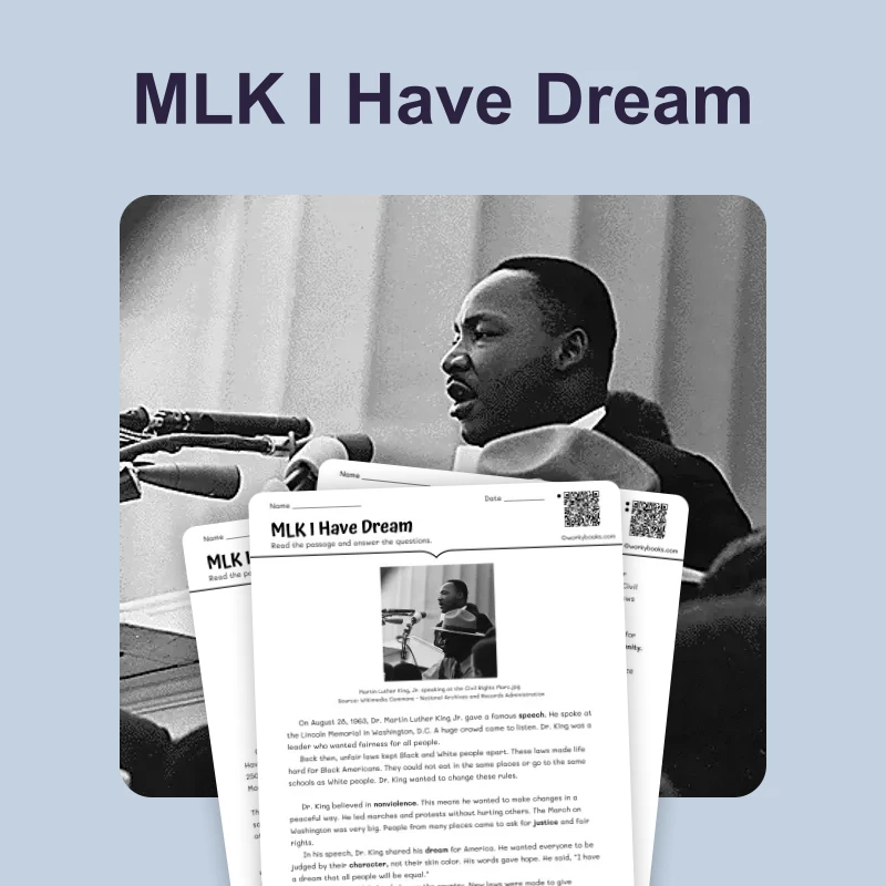 Martin Luther King Jr. and "I Have a Dream" — reading — reading comprehension for Grade 3, Grade 4, Grade 5, page 1 of 4