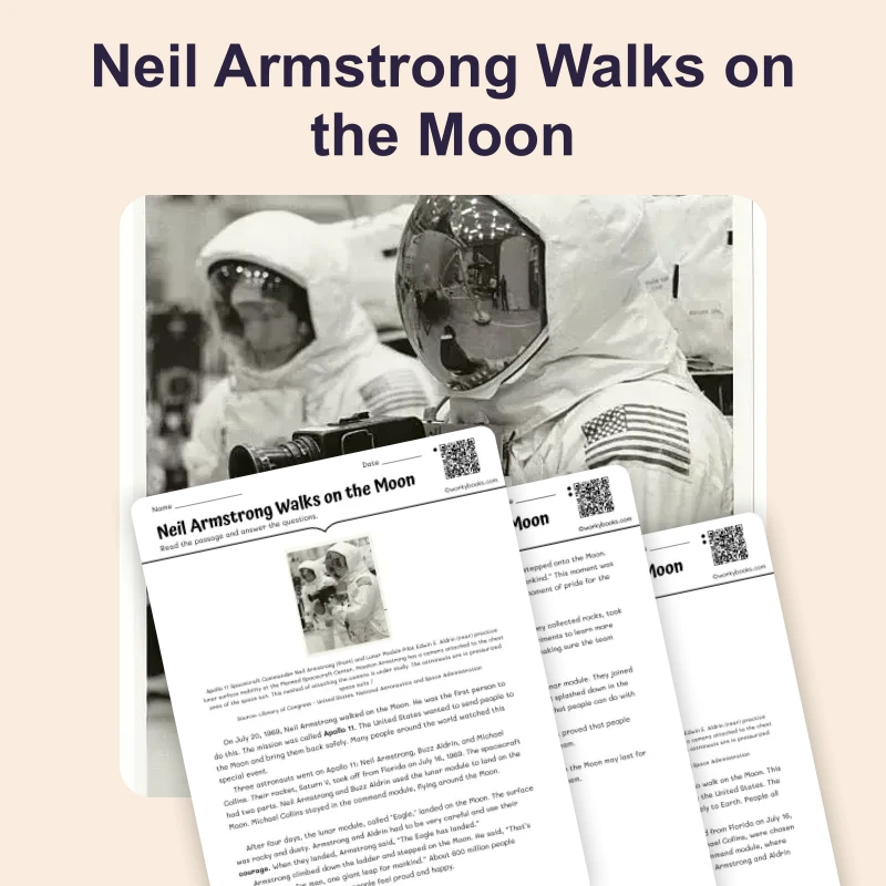 Neil Armstrong Walks on the Moon — reading — reading comprehension for Grade 3, Grade 4, Grade 5, page 1 of 4