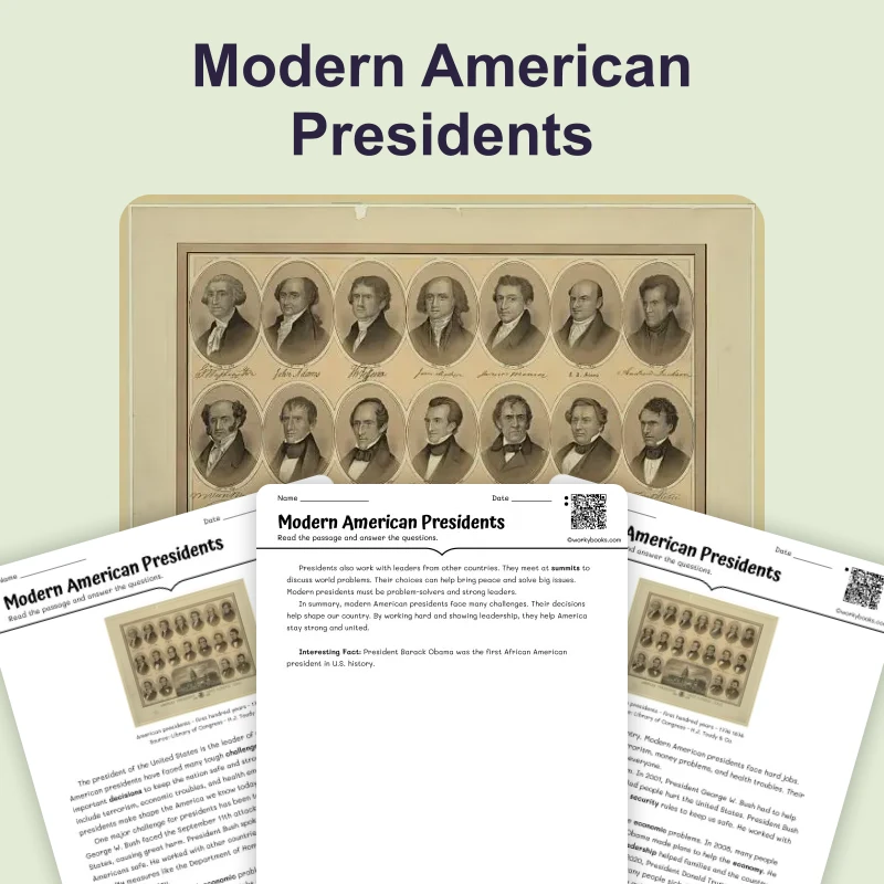 Modern American Presidents — reading — reading comprehension for Grade 3, Grade 4, Grade 5, page 1 of 4