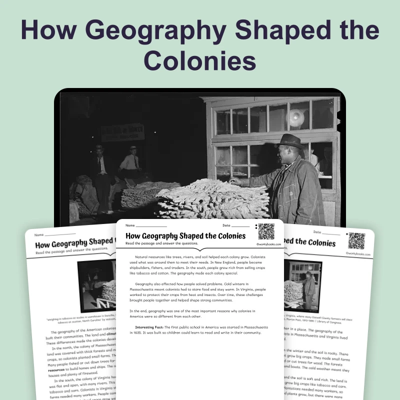 How Geography Shaped the Colonies — reading — reading comprehension for Grade 3, Grade 4, Grade 5, page 1 of 4