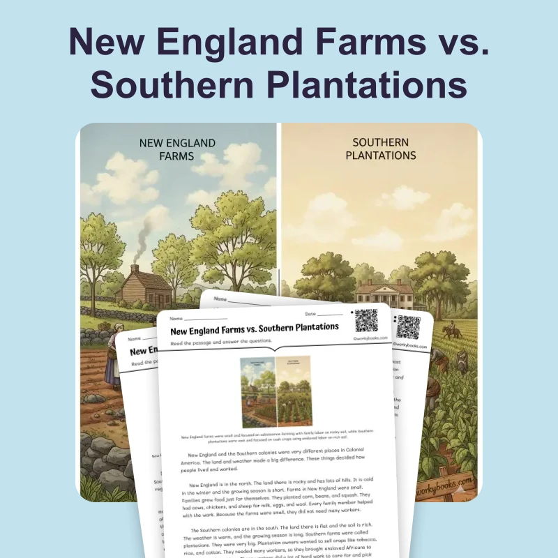 New England Farms vs. Southern Plantations — reading — reading comprehension for Grade 3, Grade 4, Grade 5, page 1 of 4