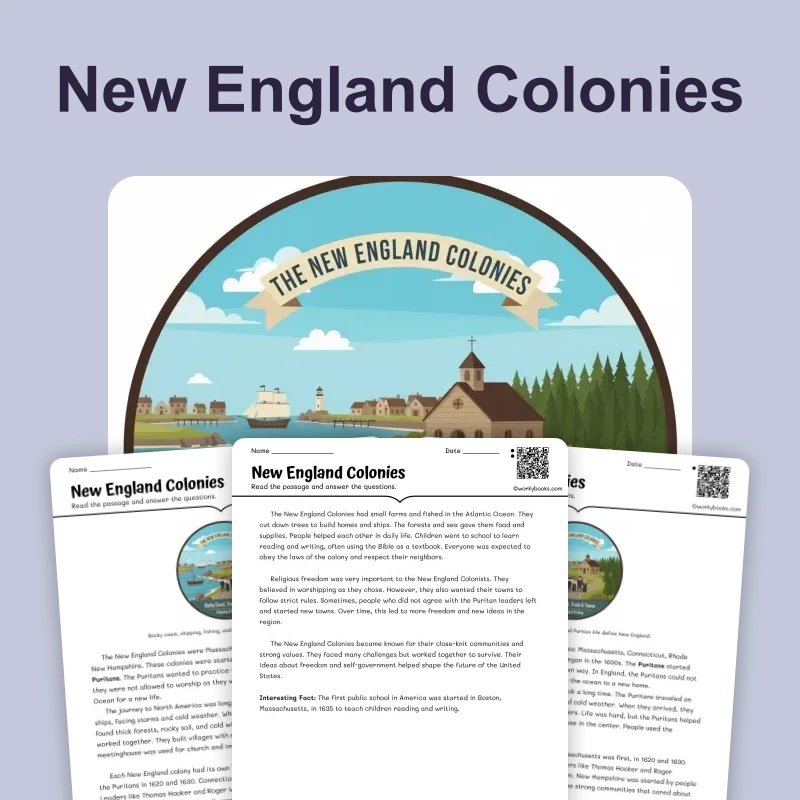 The New England Colonies: An Introduction — reading — reading comprehension for Grade 3, Grade 4, Grade 5, page 1 of 4