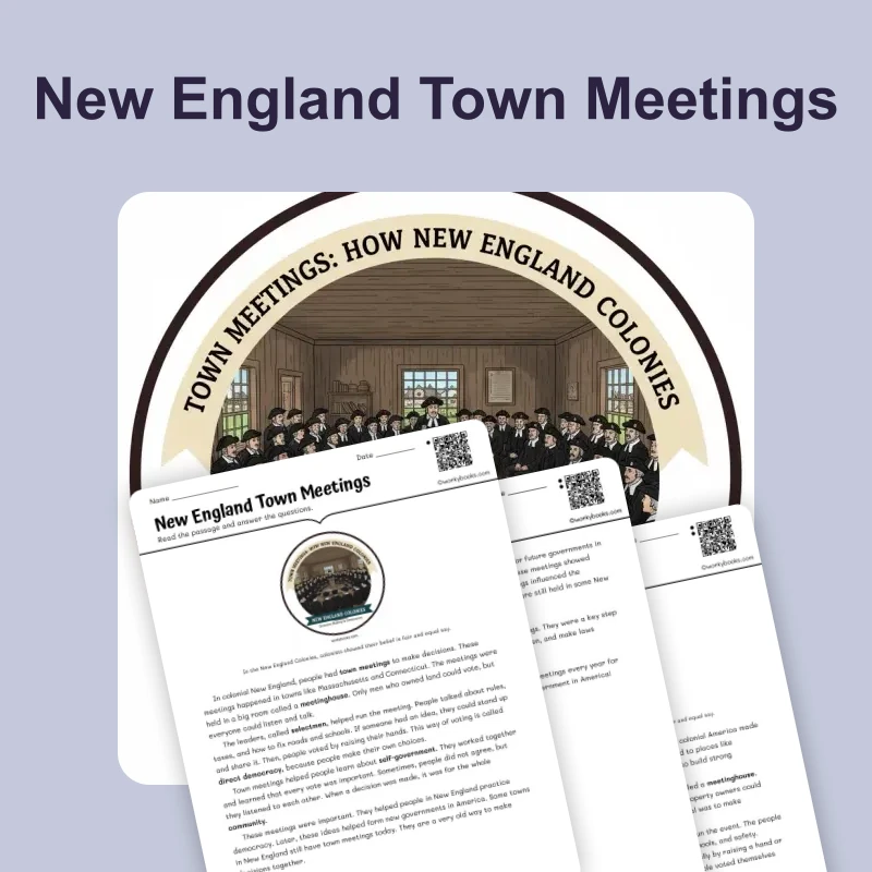 Town Meetings: How Colonists Made Decisions — reading — reading comprehension for Grade 3, Grade 4, Grade 5, page 1 of 4