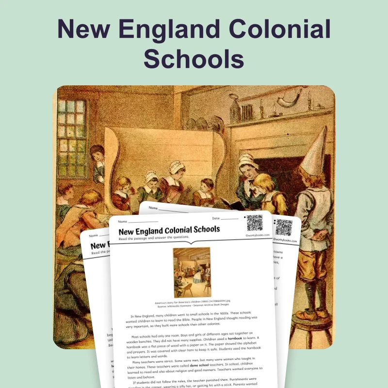 Going to School in New England — reading — reading comprehension for Grade 3, Grade 4, Grade 5, page 1 of 4