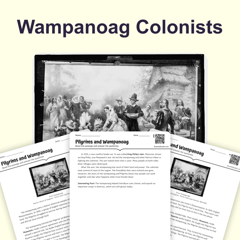 Wampanoag Colonists — ela — reading comprehension for Grade 3, Grade 4, Grade 5, page 1 of 4