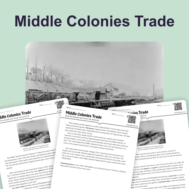 Rivers and Trade in the Middle Colonies — reading — reading comprehension for Grade 3, Grade 4, Grade 5, page 1 of 4