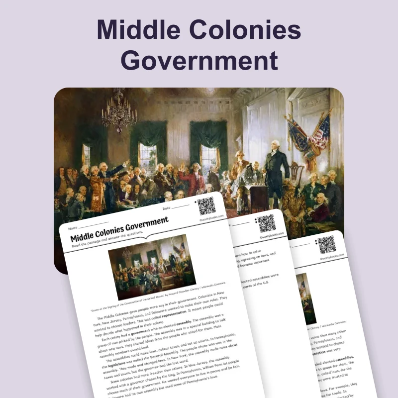 How the Middle Colonies Were Governed — reading — reading comprehension for Grade 3, Grade 4, Grade 5, page 1 of 4