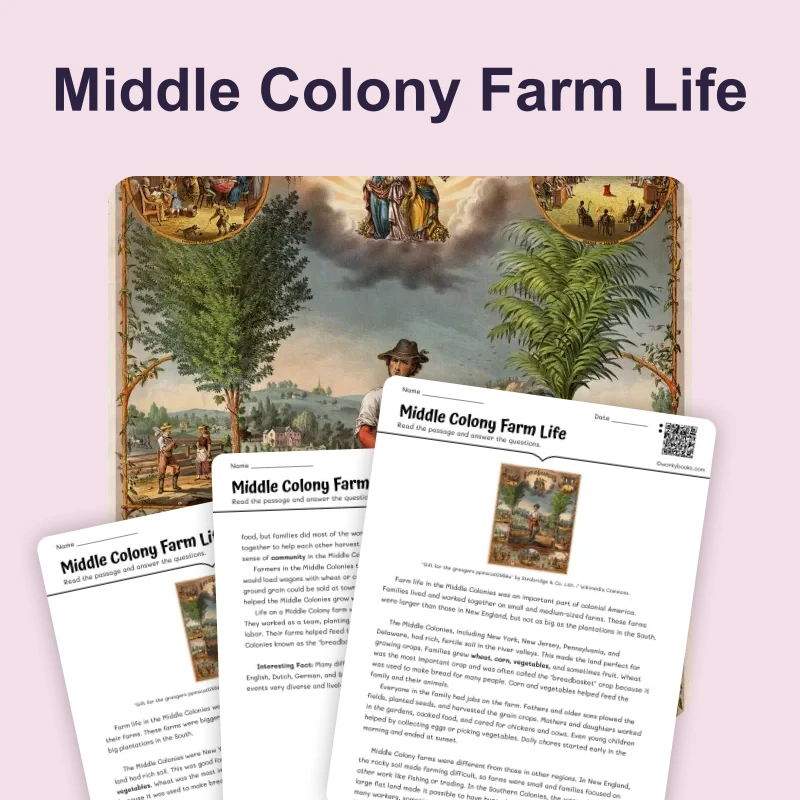 A Day on a Middle Colony Farm — reading — reading comprehension for Grade 3, Grade 4, Grade 5, page 1 of 4
