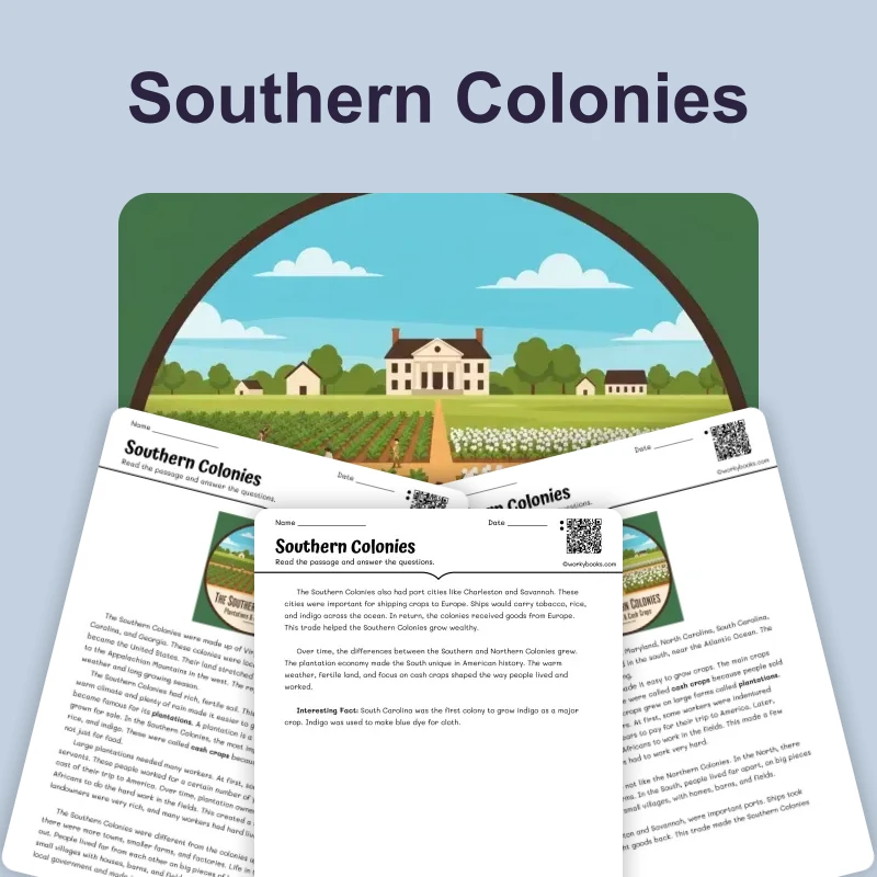 The Southern Colonies: An Introduction — reading — reading comprehension for Grade 3, Grade 4, Grade 5, page 1 of 4
