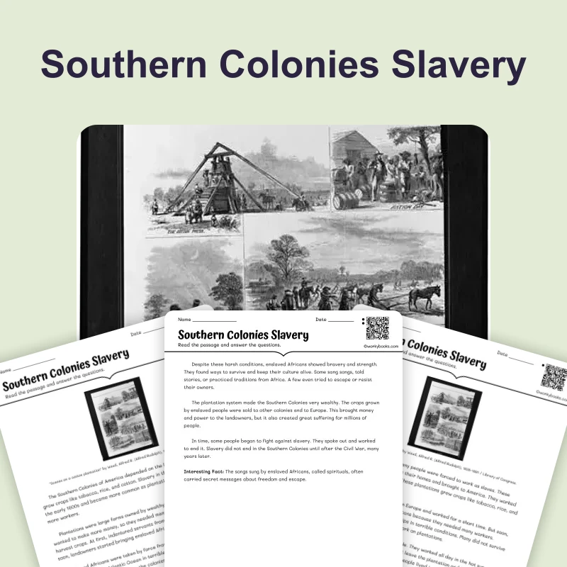 Slavery in the Southern Colonies — reading — reading comprehension for Grade 3, Grade 4, Grade 5, page 1 of 4