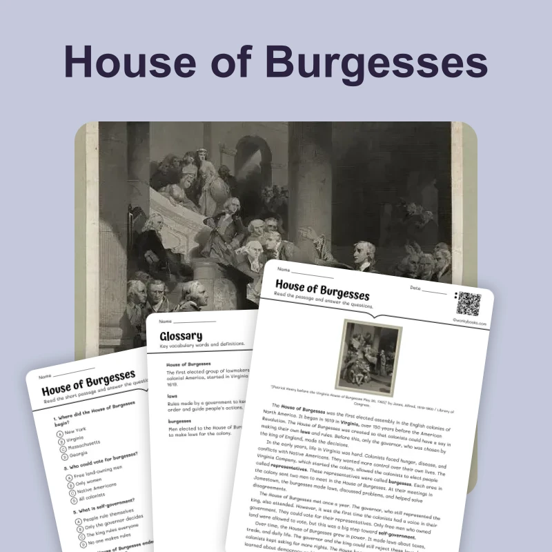 Virginia's House of Burgesses — reading — reading comprehension for Grade 3, Grade 4, Grade 5, page 1 of 4