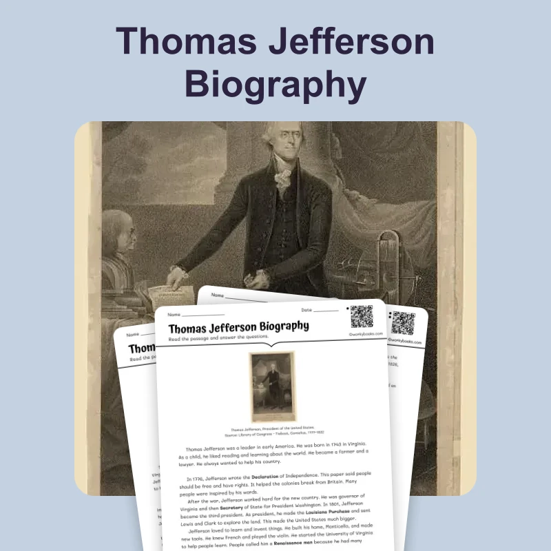 Thomas Jefferson Biography — ela — reading comprehension for Grade 3, Grade 4, Grade 5, page 1 of 4