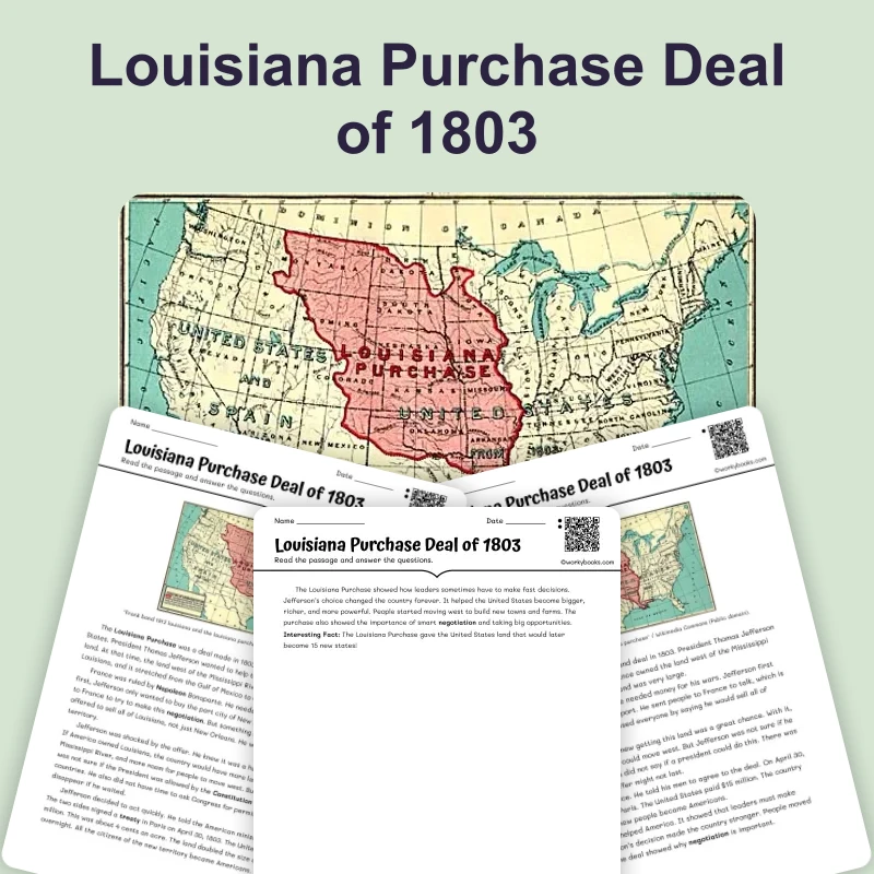 Louisiana Purchase Deal of 1803 — ela — reading comprehension for Grade 3, Grade 4, Grade 5, page 1 of 4